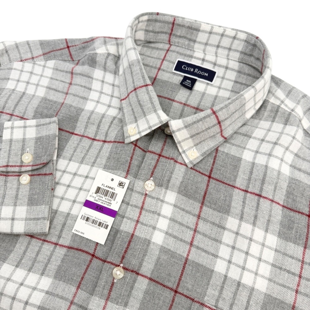 Club Room Flannel Shirt Men XXL Grey Plaid Long Sleeve Soft Cotton Casual NEW